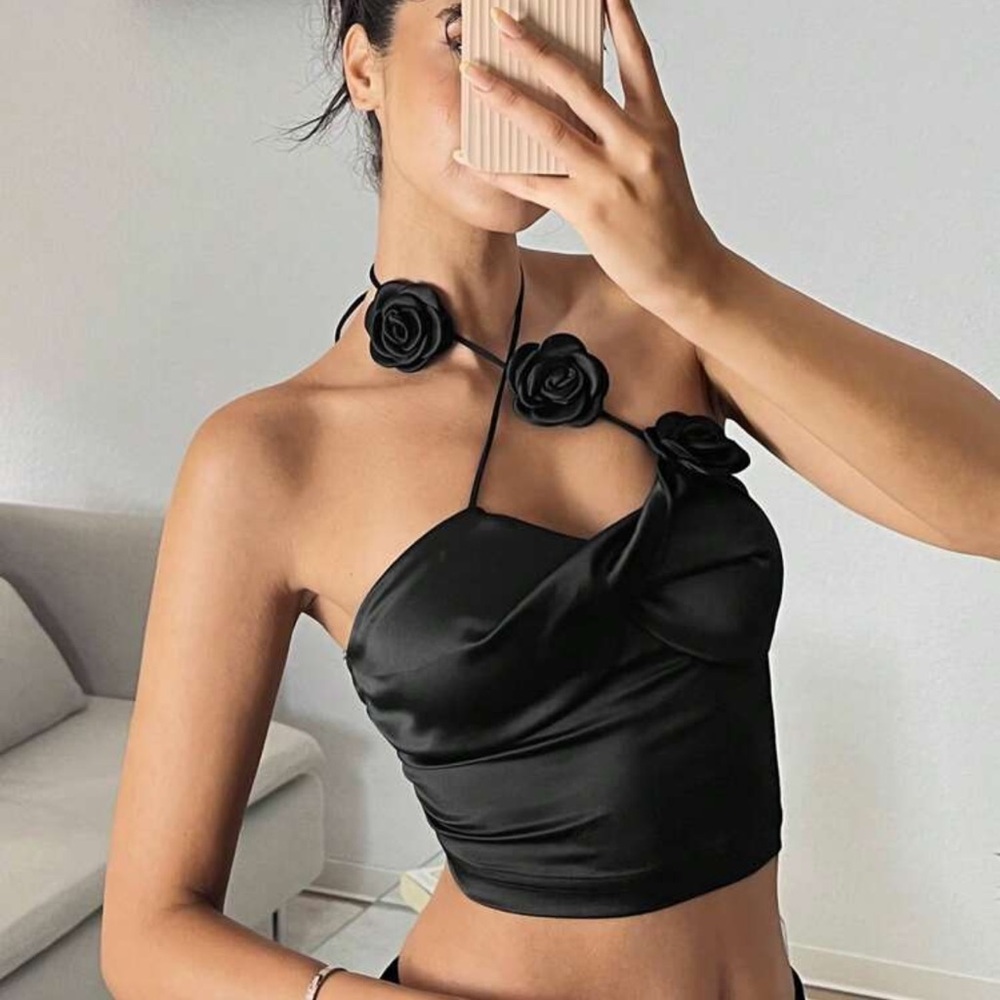 Women's Black Satin Cross Straps Three-Dimensional Floral Sleeveless Halter